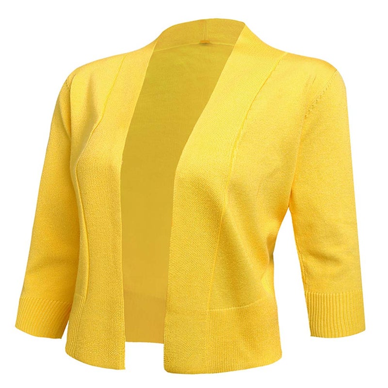 AAMILIFE Women's 3/4 Sleeve Cropped Cardigans Sweaters Jackets Open Front Short Shrugs for Dresses Yellow L - Image 1